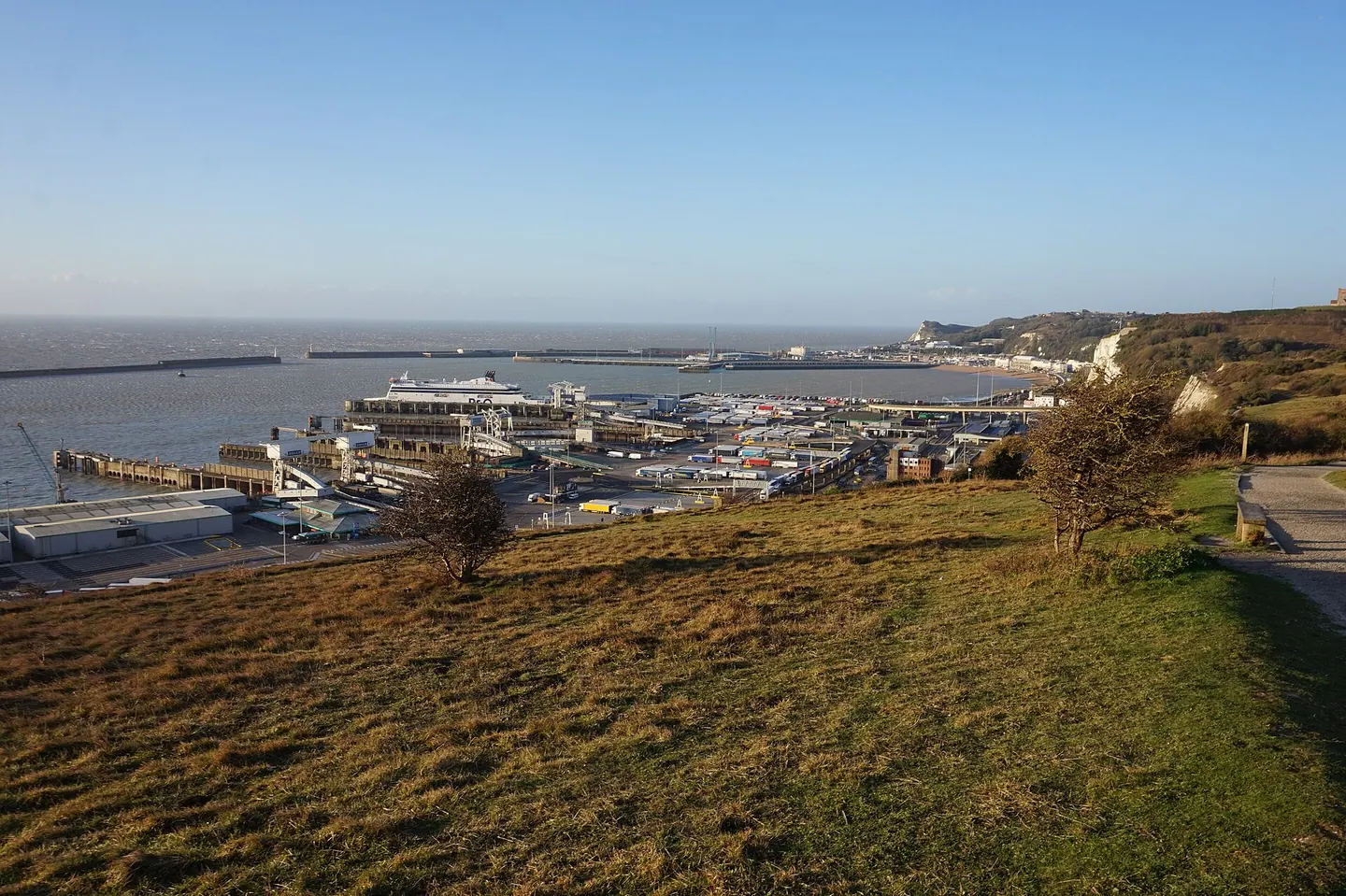 The Port of Dover and the coastline seen from Langdon Cliffs