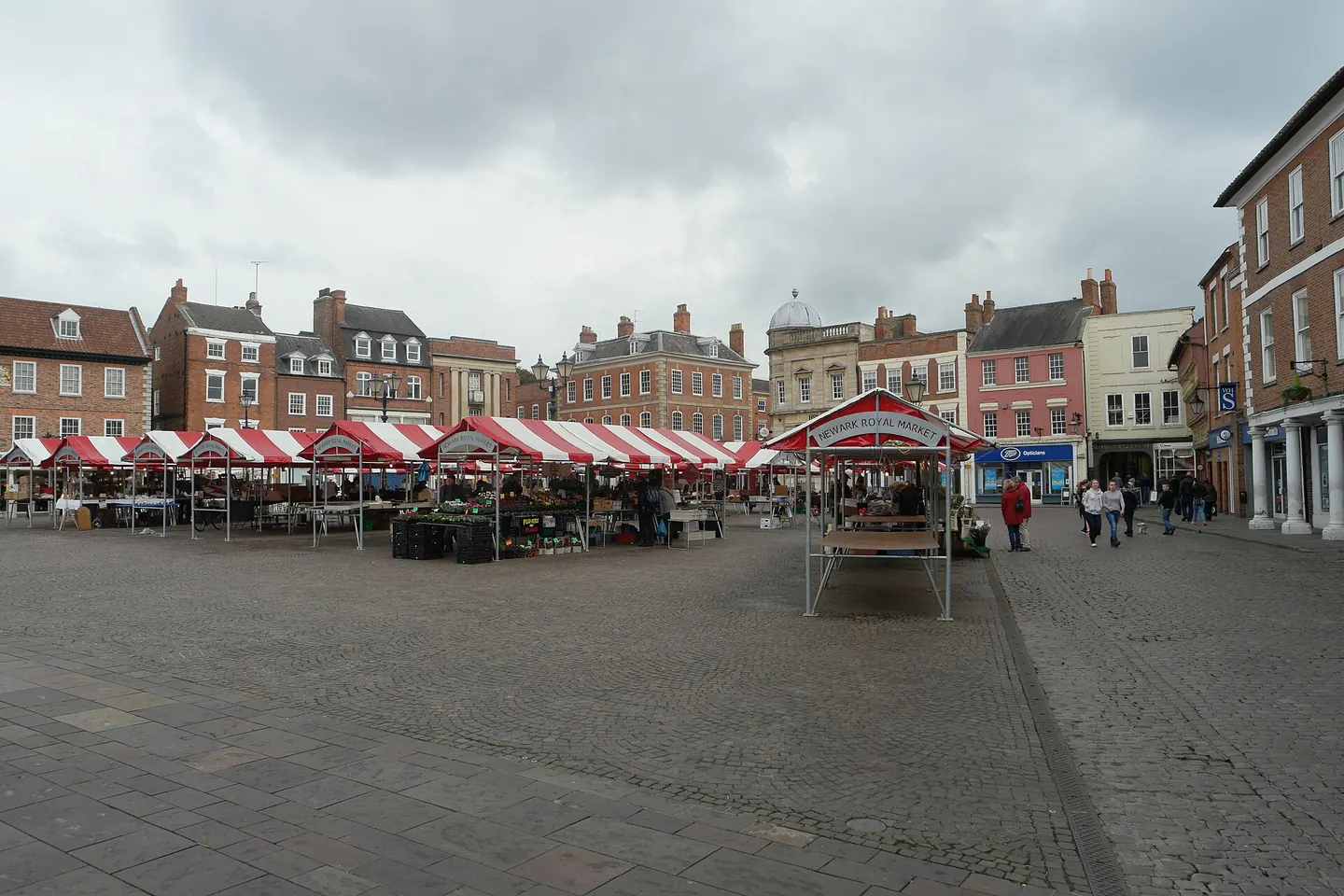 The Thursday market in the cobbled Market Place at Newark-on-Trent
