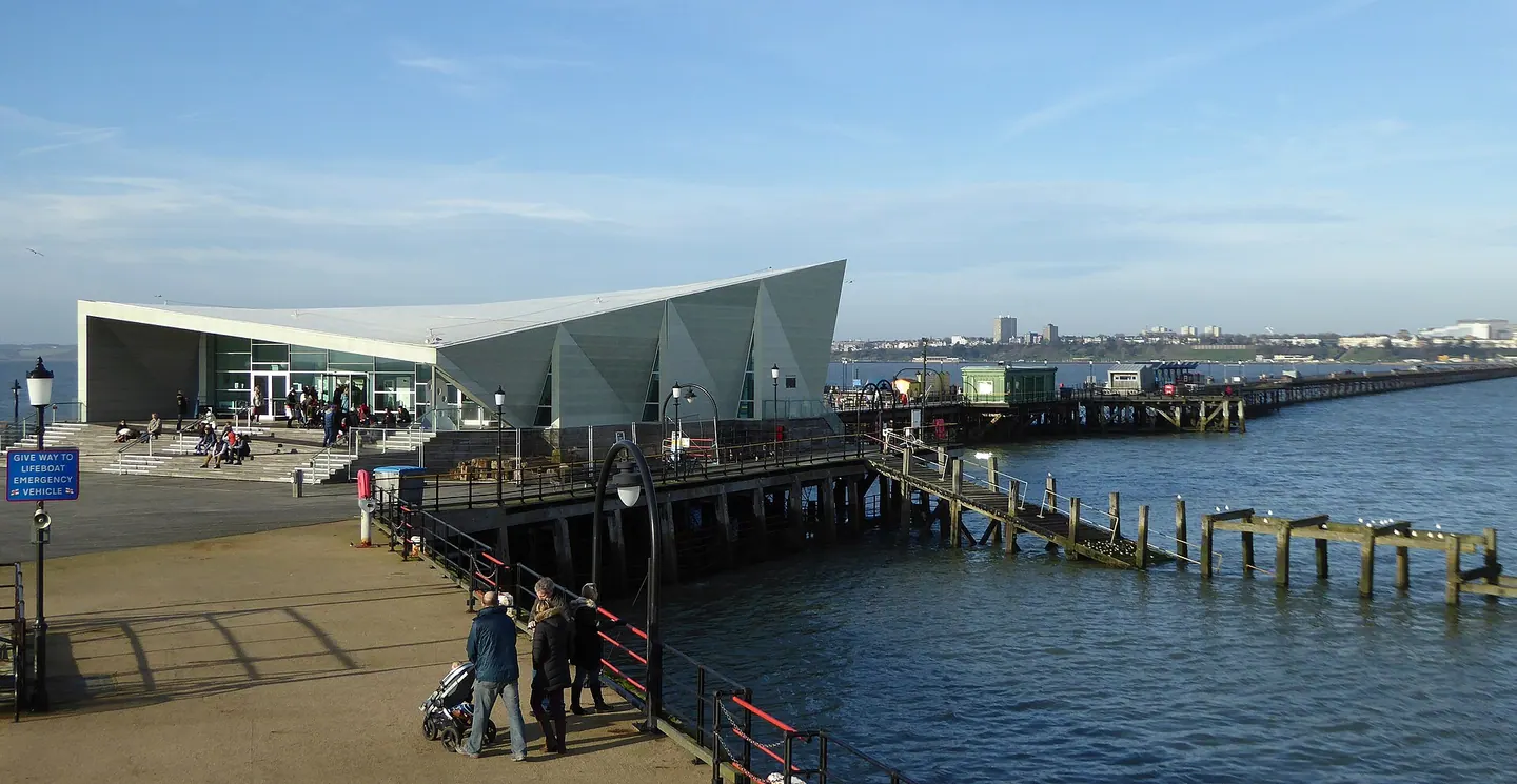 Southend Pier head and the Pier Extension, with visitors walking the deck
